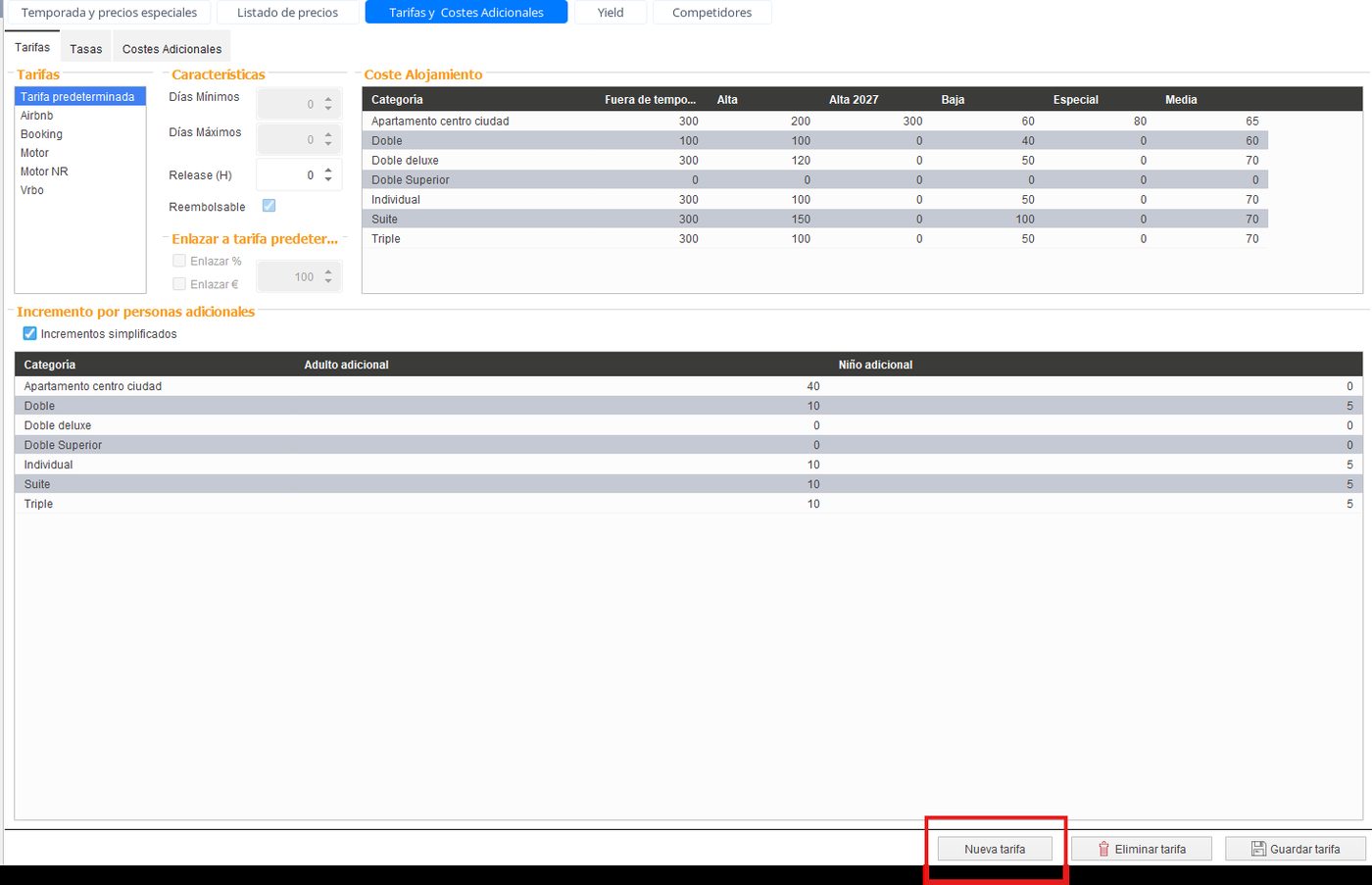 Configurar tarifa reembolsable