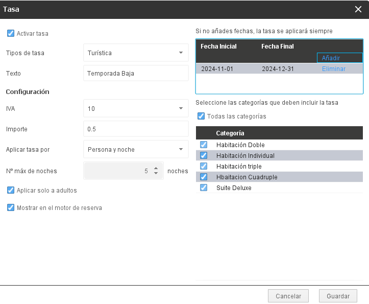 Configurar tasa por temporadas
