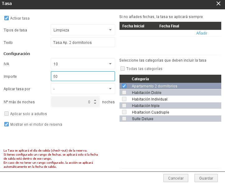 Configurar tasa de limpieza como extra