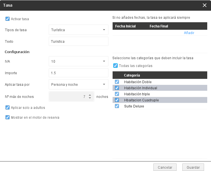 Configurar aplicación de la tasa