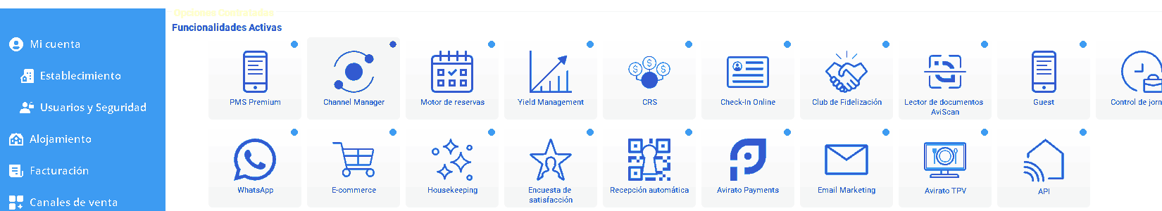 Panel de funcionalidades contratadas con indicador de estado
