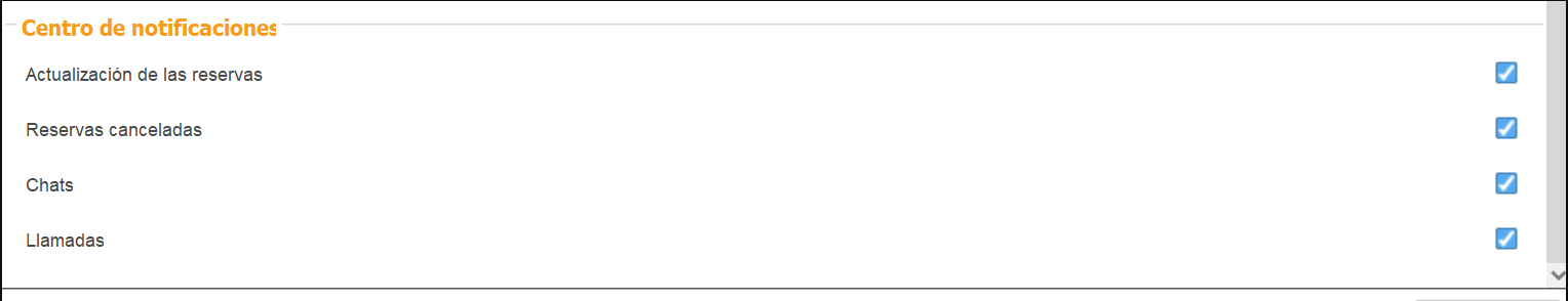 Listado de tipos de notificación con sus correspondientes casillas de activación